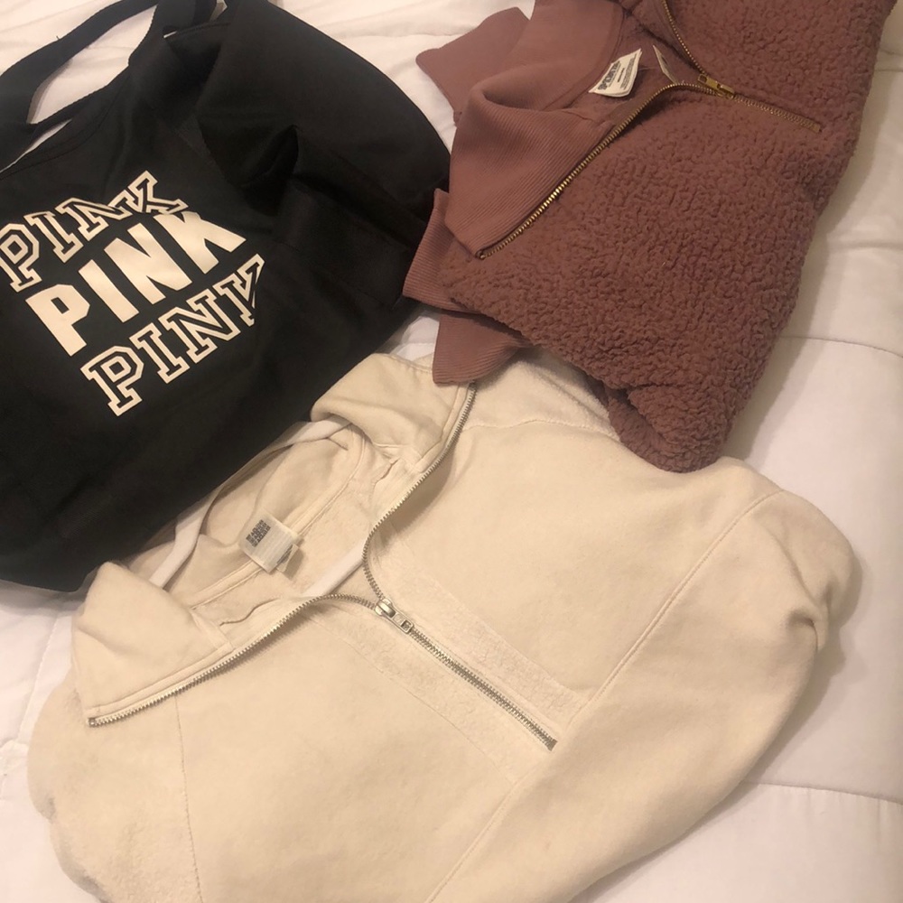 2 Pink VS sweaters and duffel bag